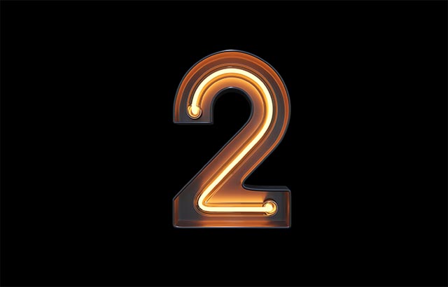 Number 2, Alphabet made from Neon Light with clipping path. 3D illustration