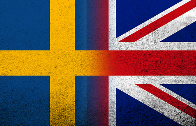 National flag of United Kingdom (Great Britain) Union Jack with The Kingdom of Sweden national flag. Grunge background