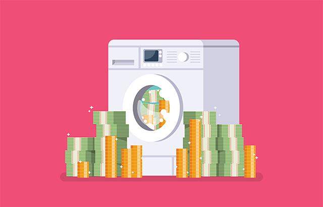 Washing machine laundering money. Business corruption concept.