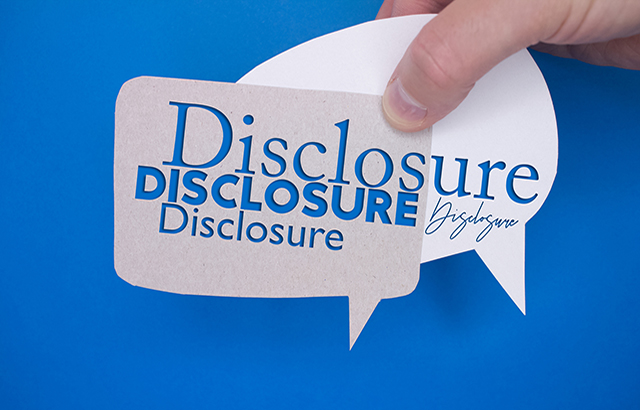 Speech bubble in front of colored background with Disclosure text.