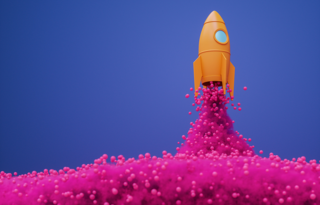 A stylized rocket launching in an abstract environment, surrounded by vibrant colors. As the rocket takes off, it emits pink smoke and spheres against a contrasting purple background. The rocket signifies the initiation and progress of startups, emerging cryptocurrencies, and new business establishments, representing the concept of growth and the potential of innovative ideas.
