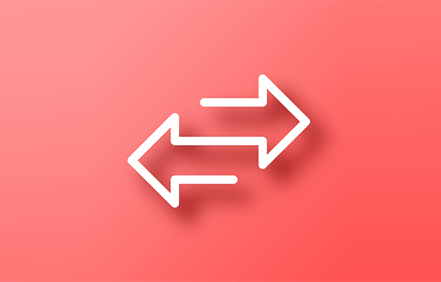 White icon of "Transfer arrows" isolated on a trendy color, a bright red background and with a dropshadow. Vector Illustration (EPS file, well layered and grouped). Easy to edit, manipulate, resize or colorize. Vector and Jpeg file of different sizes.