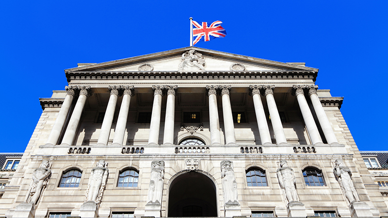Bank of England with flag, The historical building in London, UK