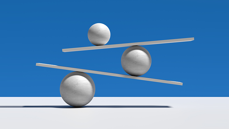 Balance, equilibrium and stability in a risky environment concepts. Spheres balancing on a seesaw. Abstract 3D render.