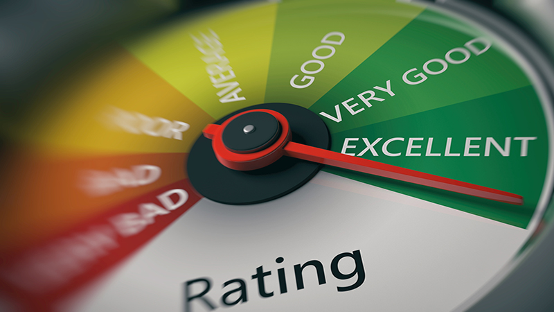 Rating, customer feedback concept. Car speedometer, excellent rating close up. 3d illustration