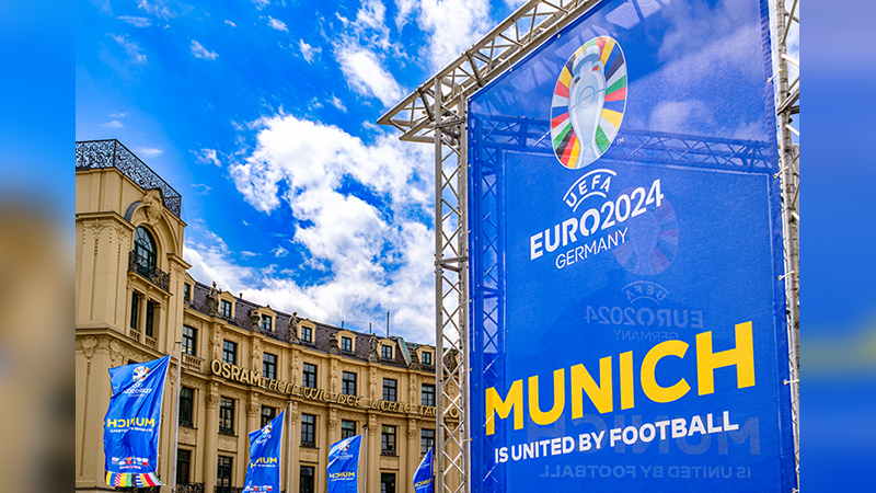 Munich, Germany - June 5: banner for the uefa european football match in munich at the old town of munich on June 5, 2024
