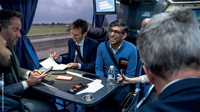 Grimsby, North East Lincolnshire. Prime Minister Rishi Sunak holds a national media huddle on the Conservative campaign bus. Picture by Edward Massey / CCHQ