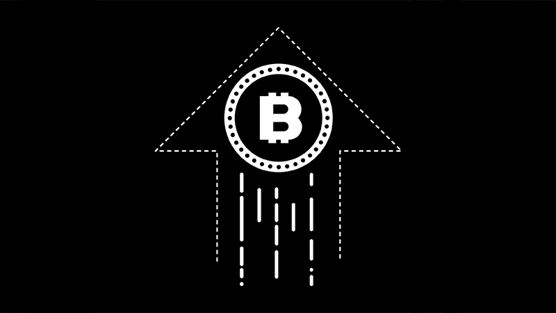 bitcoin growth, simple vector illustration, coin and up arrow indicates increase in demand for cryptocurrency