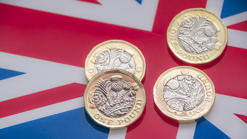 New UK 1 Pound Coin with British union jack flag.