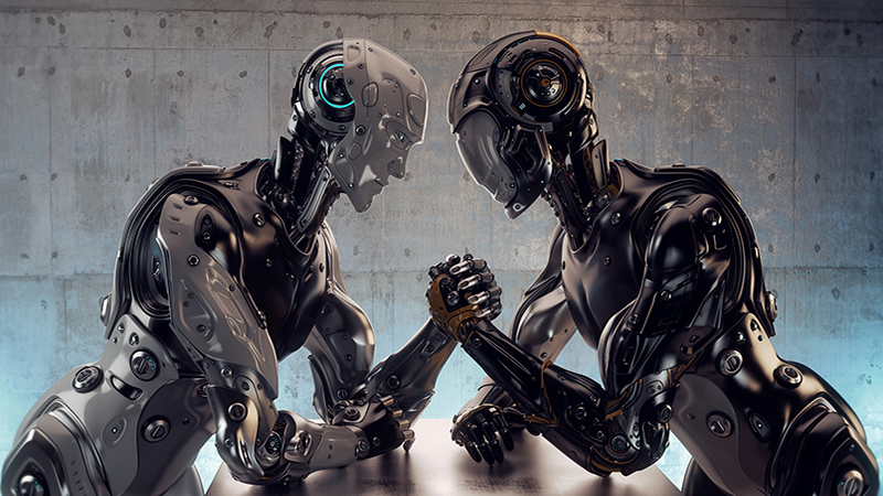 Two different robotic models in arm wrestling duel. 3d render