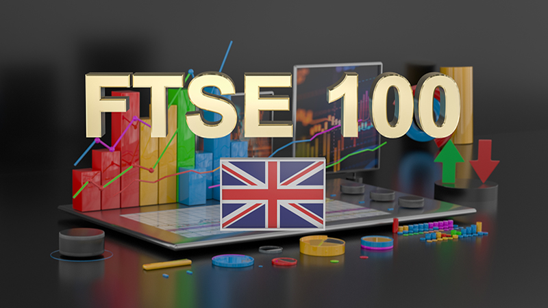 Inscription in gold letters FTSE 100 and the United Kingdom flag on a dark background with abstract multicolored shapes, arrows and diagrams. 3D rendering. Finance concept. Forex