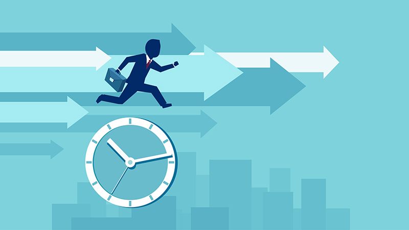 Business and time management concept. Vector of a businessman real estate agent trying to outrun the time