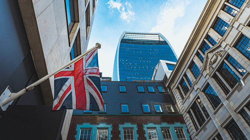 Union jack flag on the background of a modern building