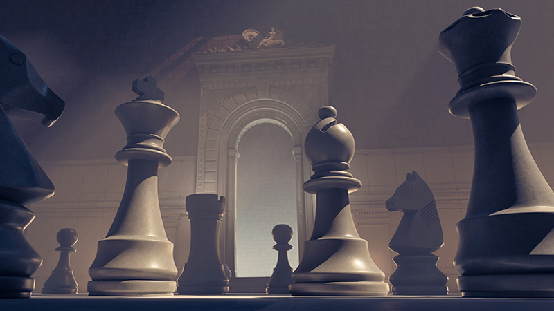 Massive sculptures of chess pieces sitting on the tiled floor of a vast room with high ceilings. A stone bricked wall in the distance has a high arch decorated in an ornate renaissance style.