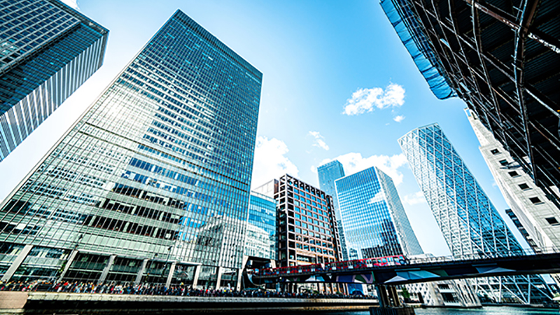 Office buildings in Canary Wharf, the downtown financial district in London