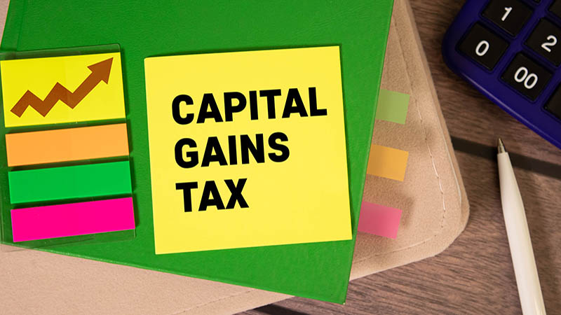 Capital gains tax-text label in the form of a document Registrar planning folder. Mandatory gratuitous payment is established by law by the state government.