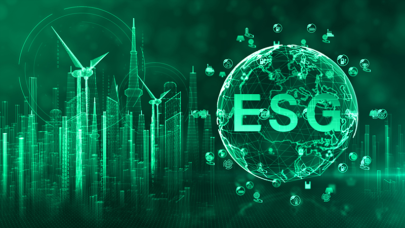 Digital illustration of ESG Environmental, Social, Governance principles integrated with global business, featuring a green futuristic city and earth globe