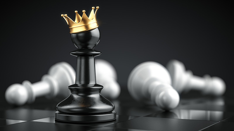 Chess pawn with crown on chess board game. Success strategy startup busines concept. 3d rendering