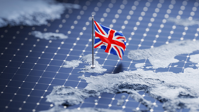 Flag of United Kingdom Union waving on pole on the 3d topographic map surface and abstract background with a grid