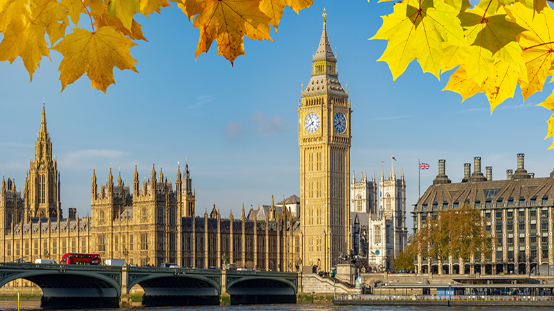 Big Ben with Houses of Parliament and Westminster bridge in autumn, London, UK