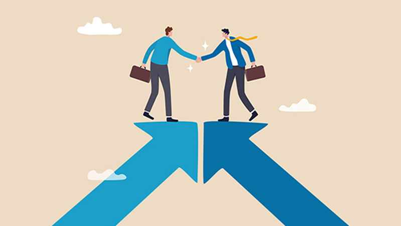 Cooperation partnership, work together for success, team collaboration, agreement or negotiation, collaborate concept, businessmen handshake on growth arrow joining connection agree to work together.