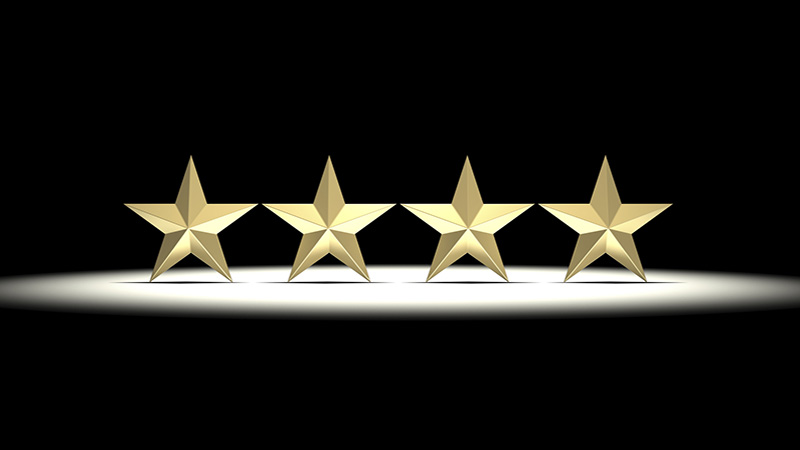 3D rendering of four gold stars for 5stars rating.