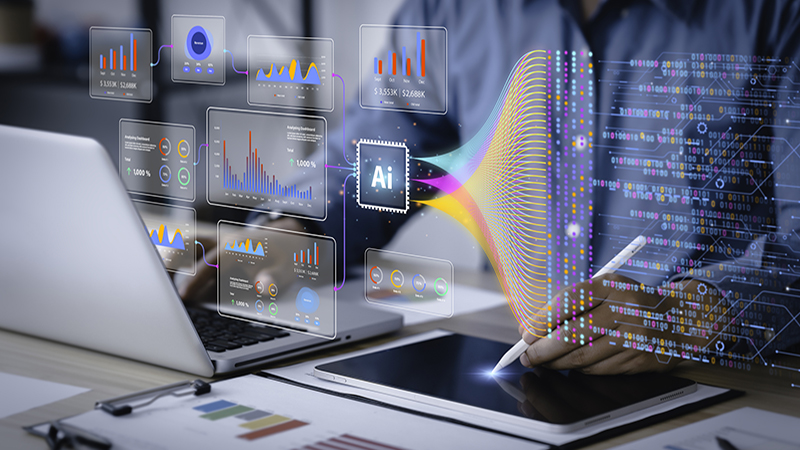 Data analysis science and big data with AI technology. Analyst or Scientist uses a computer and dashboard for analysis of information on complex data sets on computer. Insights development engineer