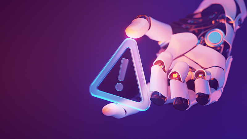 A robotic hand presents a glowing triangular warning sign, symbolizing caution in technology. Perfect for illustrating futuristic concepts, cyber security, and robotic advancements.