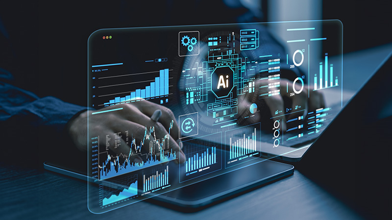 AI, data analysis. Business people use AI to analyze financial related data. big data Complex performance measurement With modern innovative technology