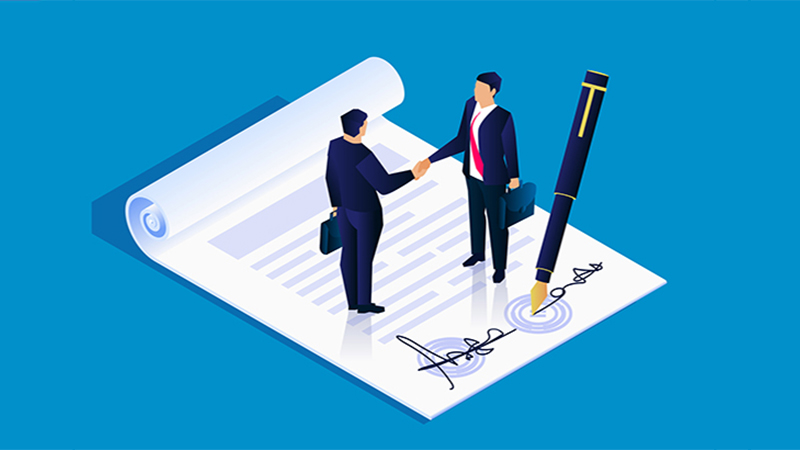 Two businessmen successfully signed a project cooperation agreement contract, business concept illustration
